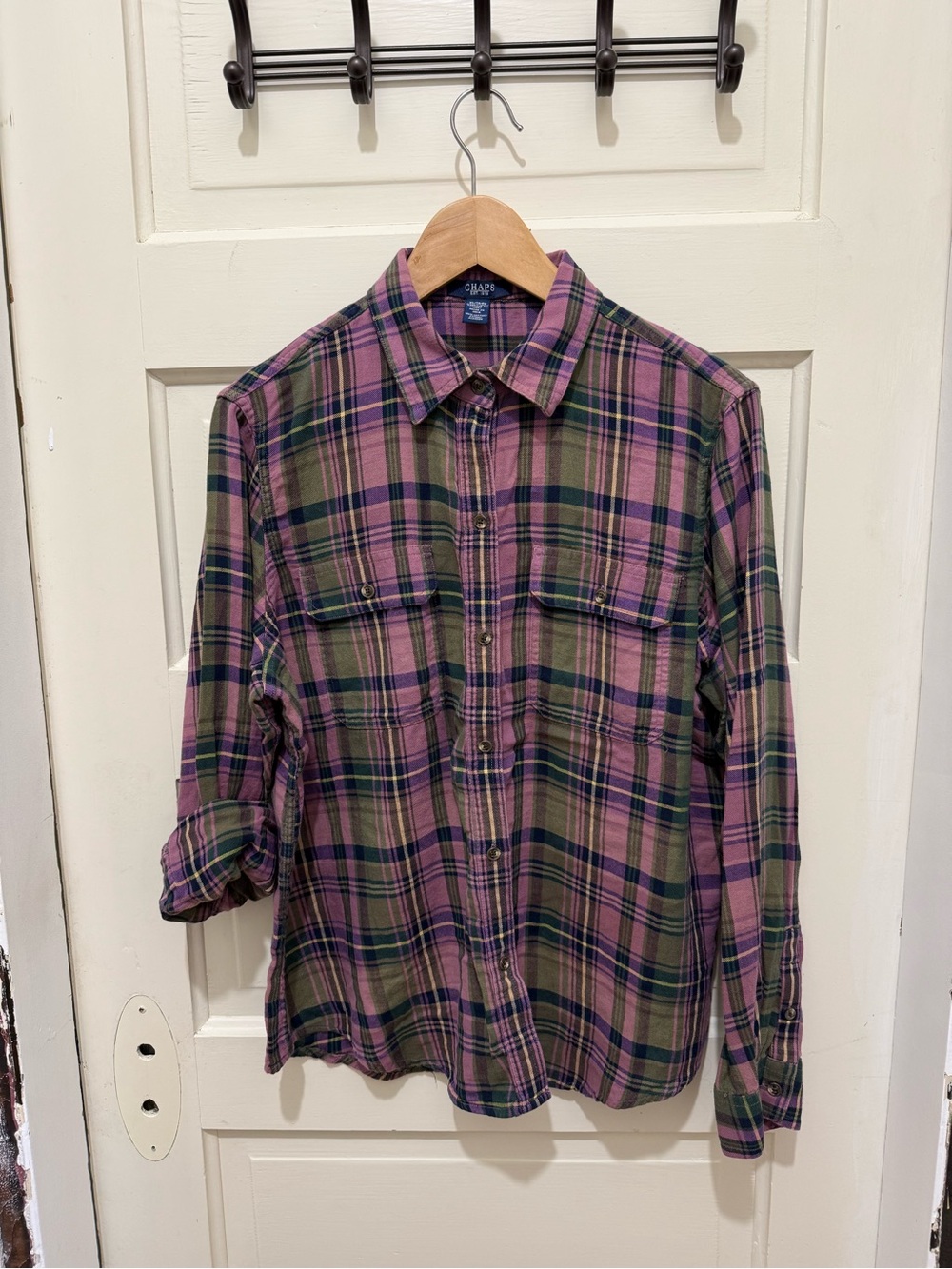 Chaps Purple and Green Plaid Button-Down Shirt
